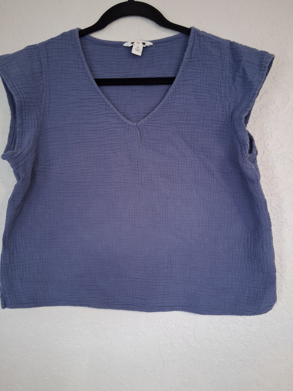 Three Dots Women M Double Gauze Cotton V-Neck Top Blue Cap Sleeve Boxy Blouse